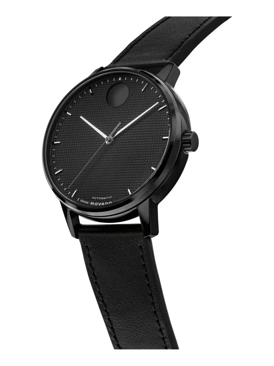 Мужские часы Movado Face Automatic с черным кожаным ремешком, 39 мм — изображение 2 из 3, оттенок черный