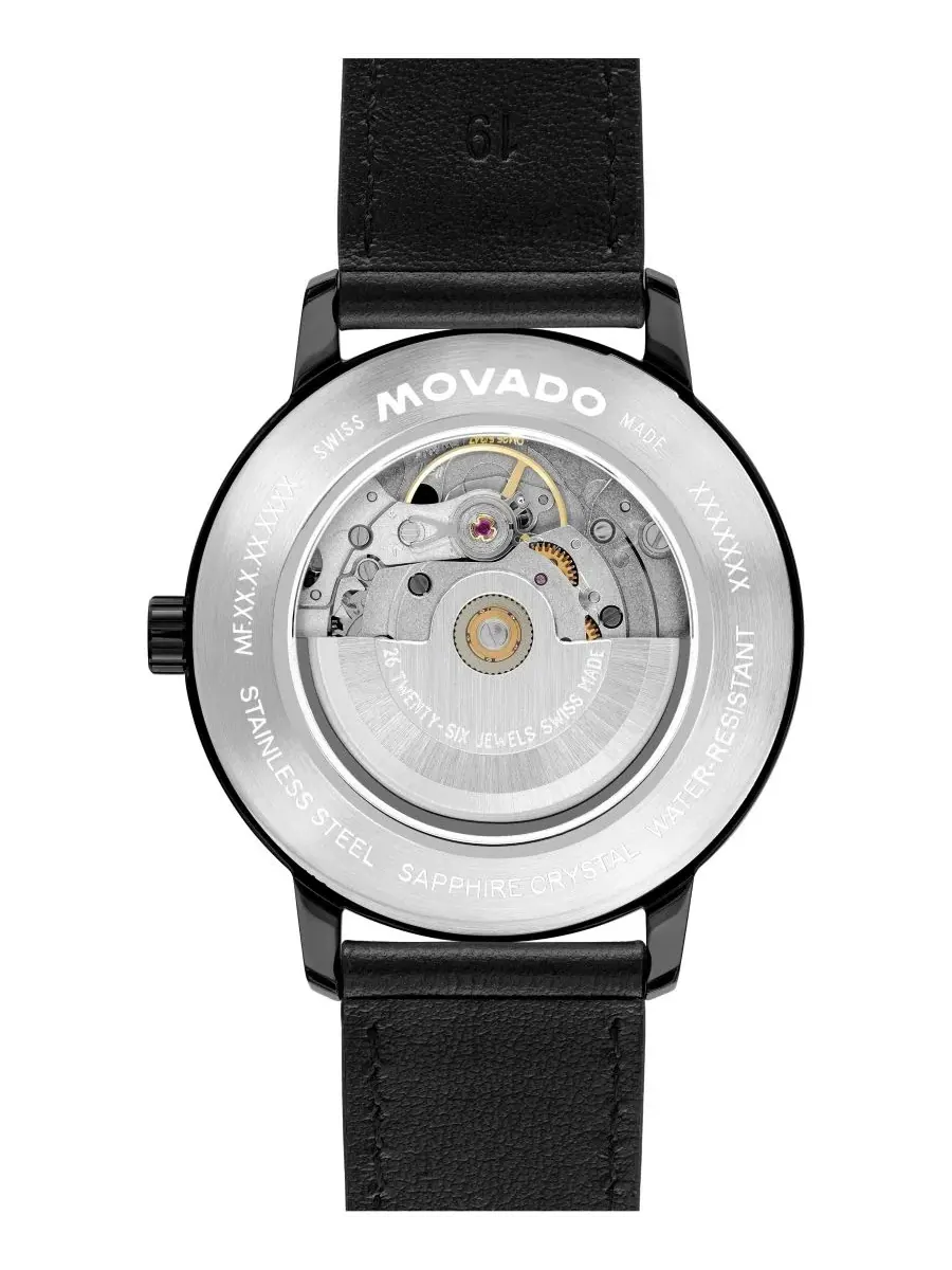 Мужские часы Movado Face Automatic с черным кожаным ремешком, 39 мм — изображение 3 из 3, оттенок черный