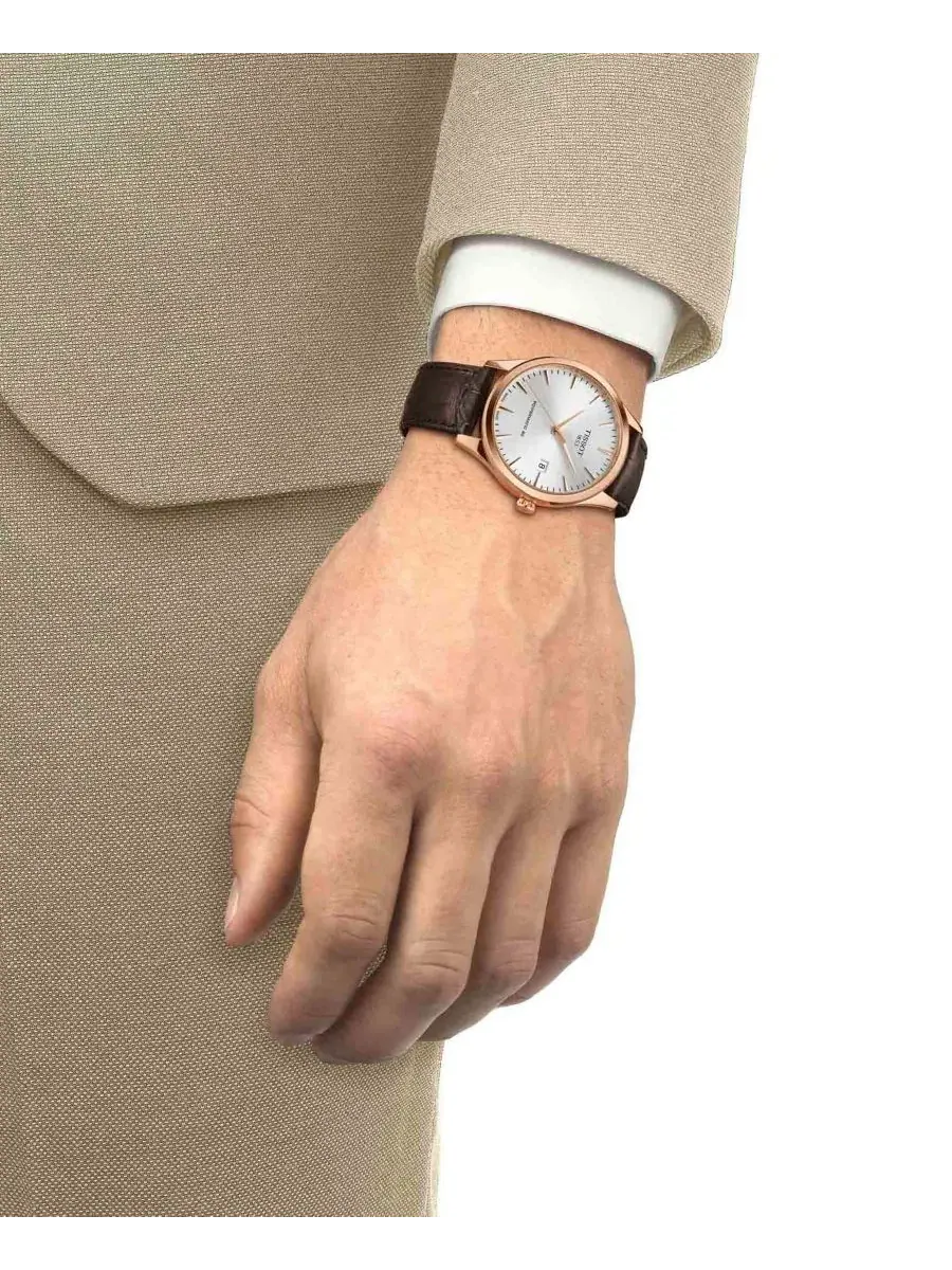 Мужские наручные часы с коричневым кожаным браслетом, 40 мм Tissot — изображение 5 из 5, оттенок серебряный