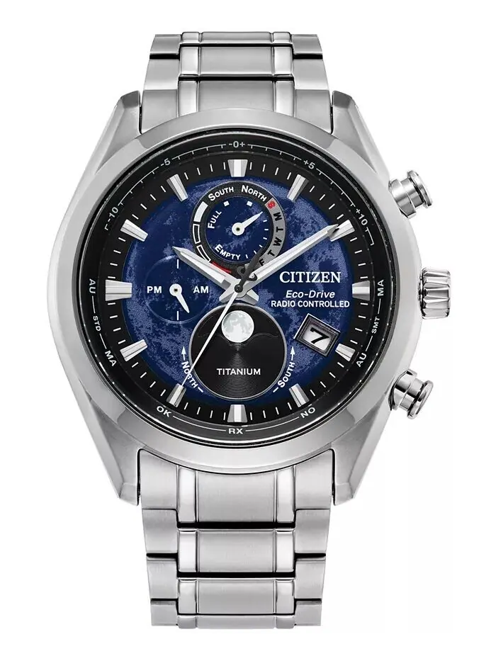 Мужские часы Tsuki-yomi A-T с хронографом Sport Luxury Eco-Drive серебристого цвета с титановым — изображение 1 из 4
