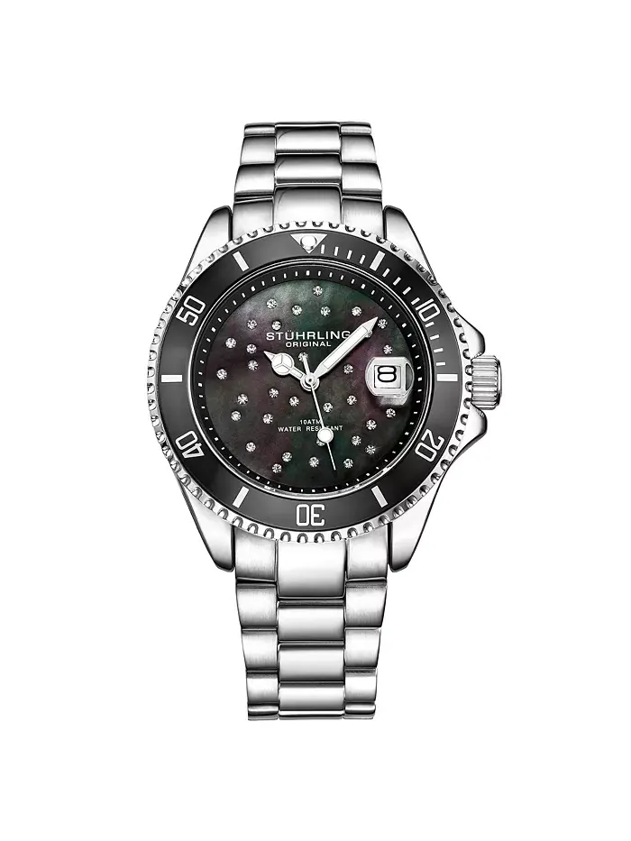 Женские часы Diver с корпусом, украшенным кристаллами кварца, перламутровым циферблатом и браслетом