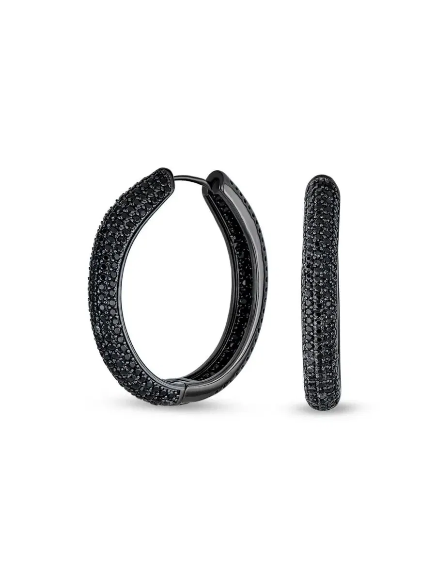 Серьги-кольца с черными циркониями, с паве, 1,65 дюйма Bling Jewelry — изображение 1 из 3, оттенок черный