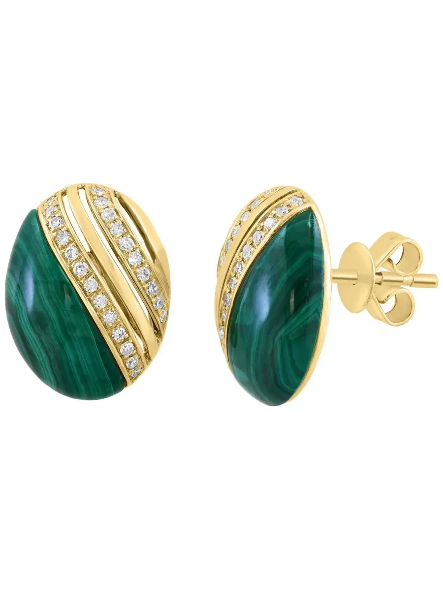 Серьги-гвоздики с малахитом и бриллиантами (1/8 ct. t.w.) в 14K желтом золоте — изображение 1 из 3, оттенок желтый золотистый