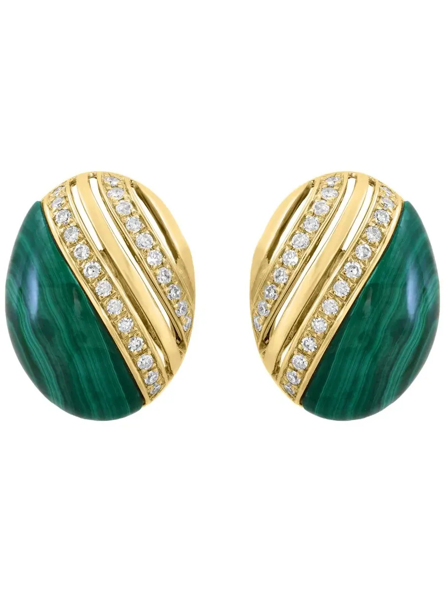 Серьги-гвоздики с малахитом и бриллиантами (1/8 ct. t.w.) в 14K желтом золоте — изображение 2 из 3, оттенок желтый золотистый