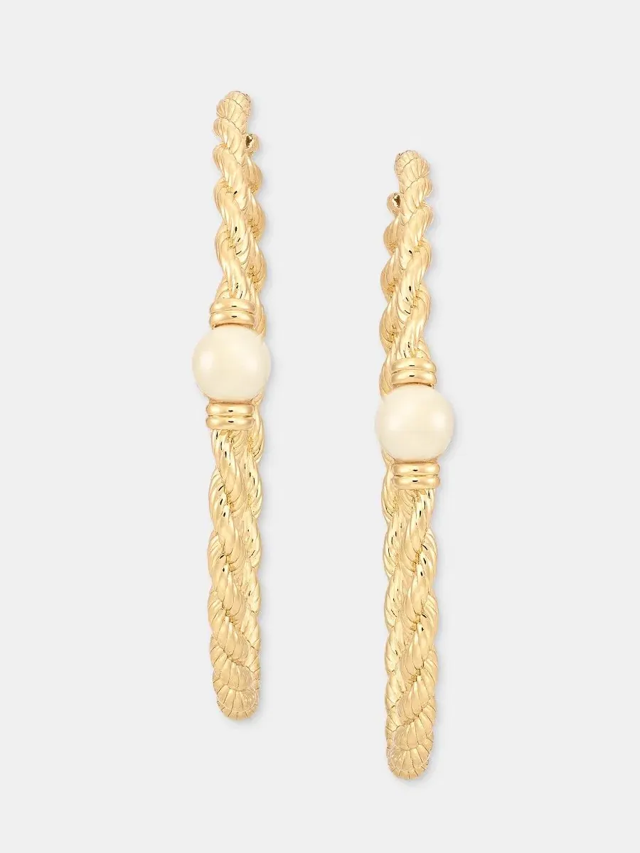 Серьги-кольца с жемчугом и цепочкой Lauren Ralph Lauren — изображение 1 из 4, оттенок белый