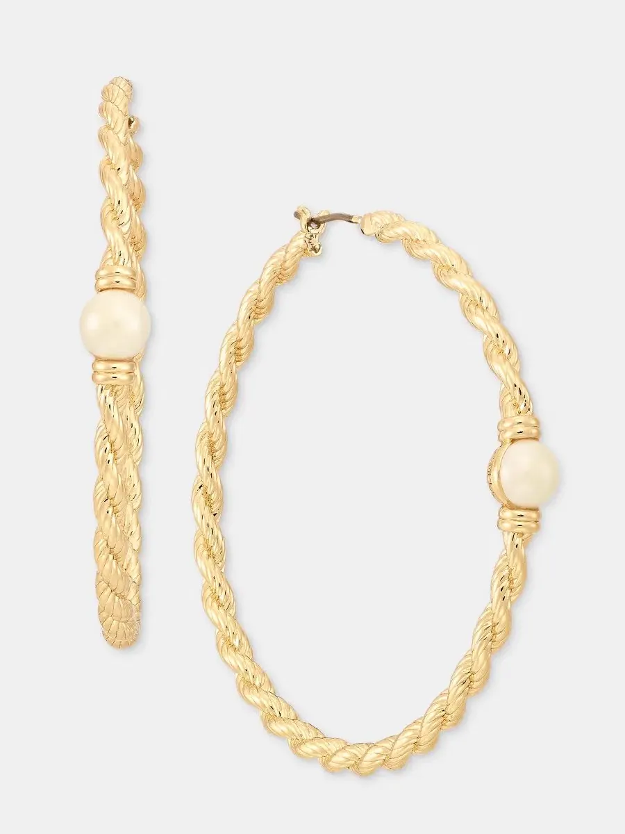 Серьги-кольца с жемчугом и цепочкой Lauren Ralph Lauren — изображение 2 из 4, оттенок белый