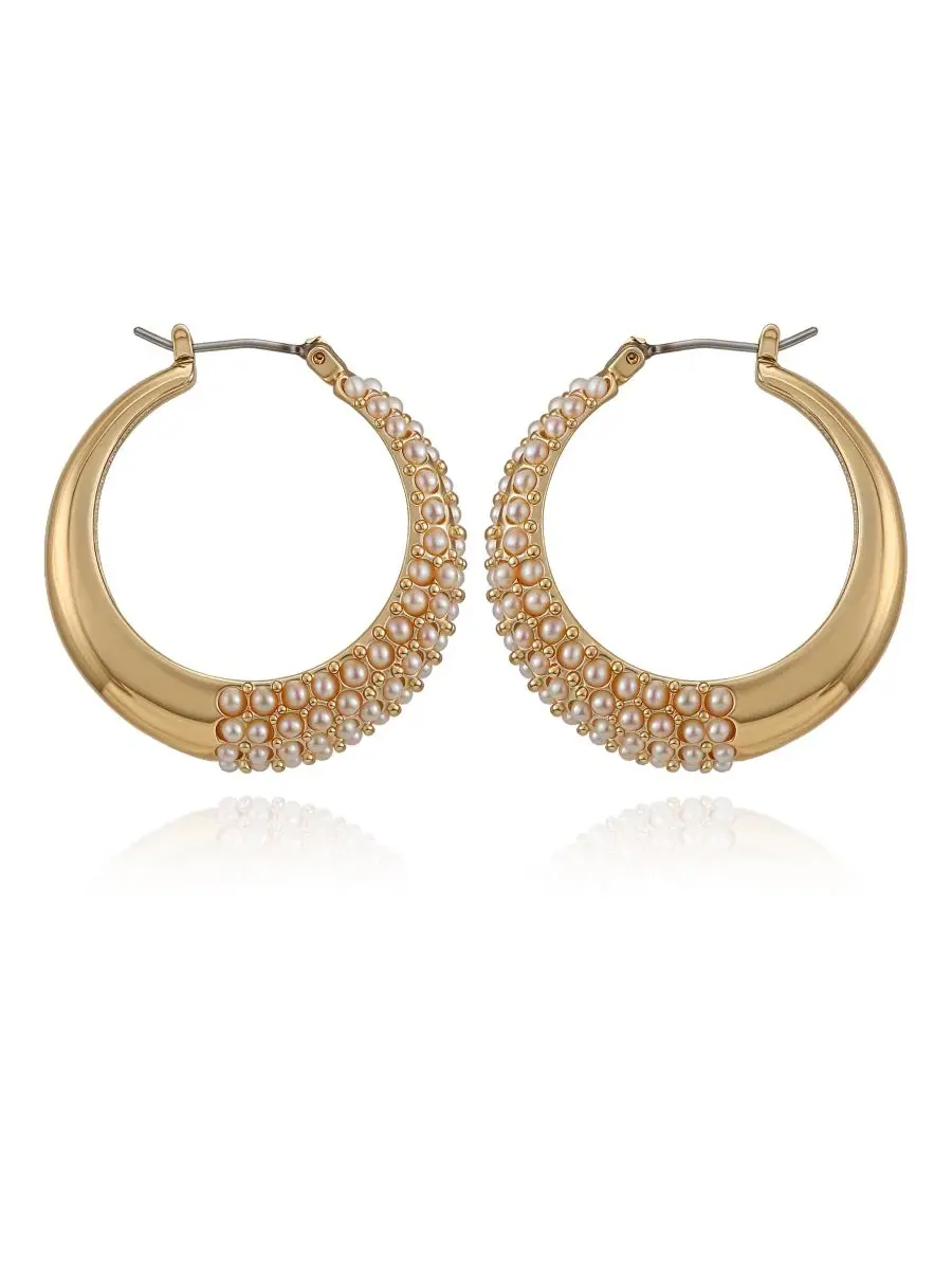 Серьги-кольца с имитацией жемчуга и пайетками GUESS — изображение 1 из 3, оттенок золото