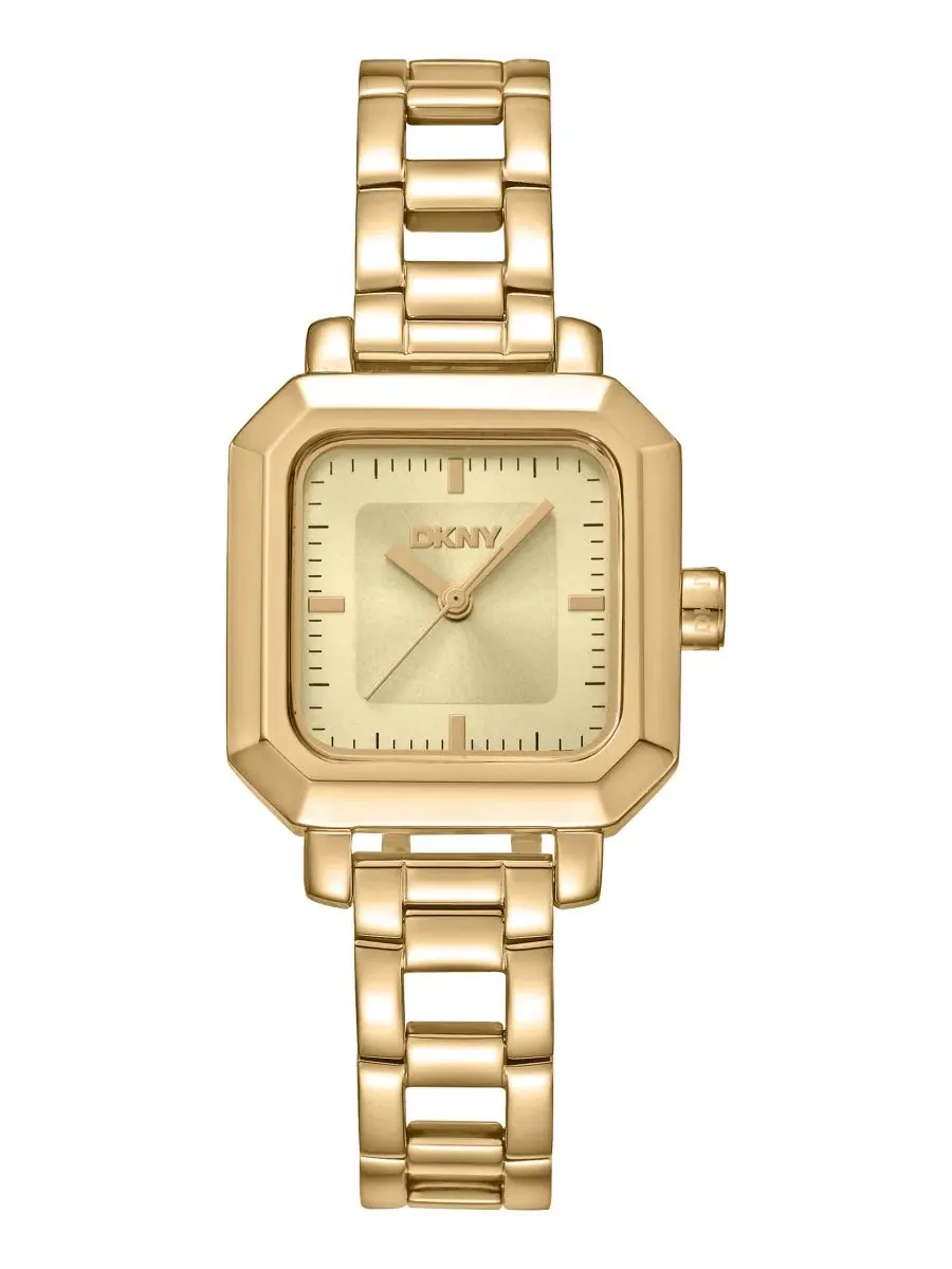 Женские часы с квадратным корпусом и браслетом из стали, модель Champagne Dial Open Link DKNY