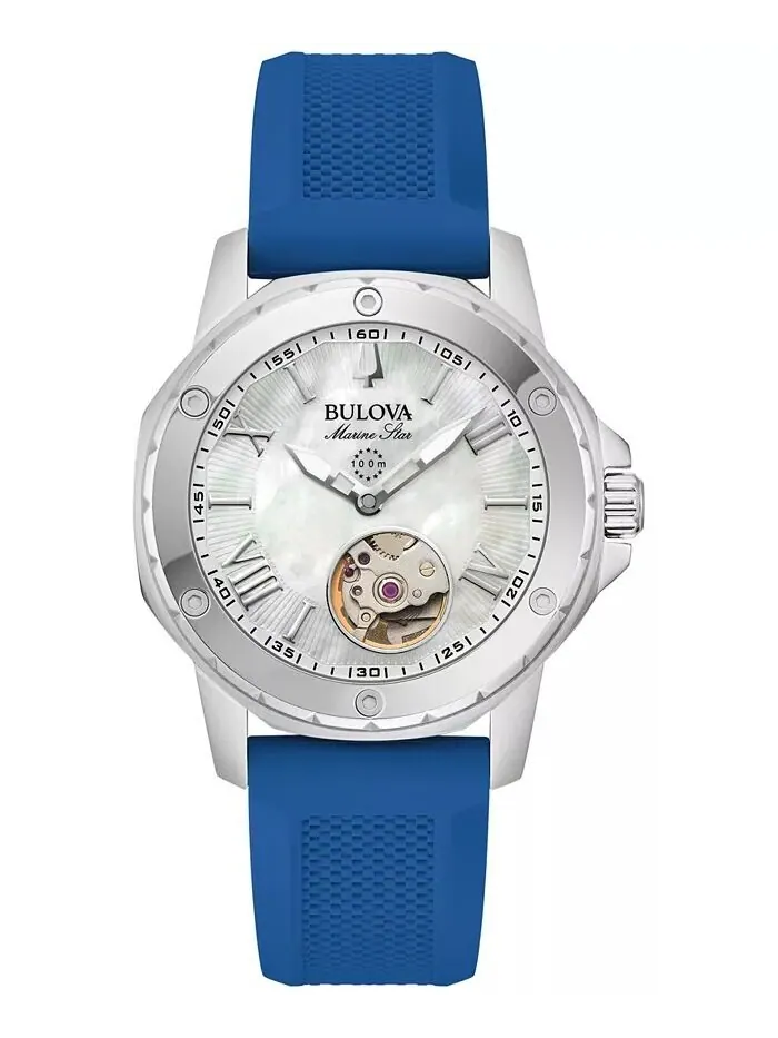 Женские автоматические часы Marine Star с синим силиконовым ремешком, 35 ​​мм Bulova — изображение 1 из 3, оттенок синий