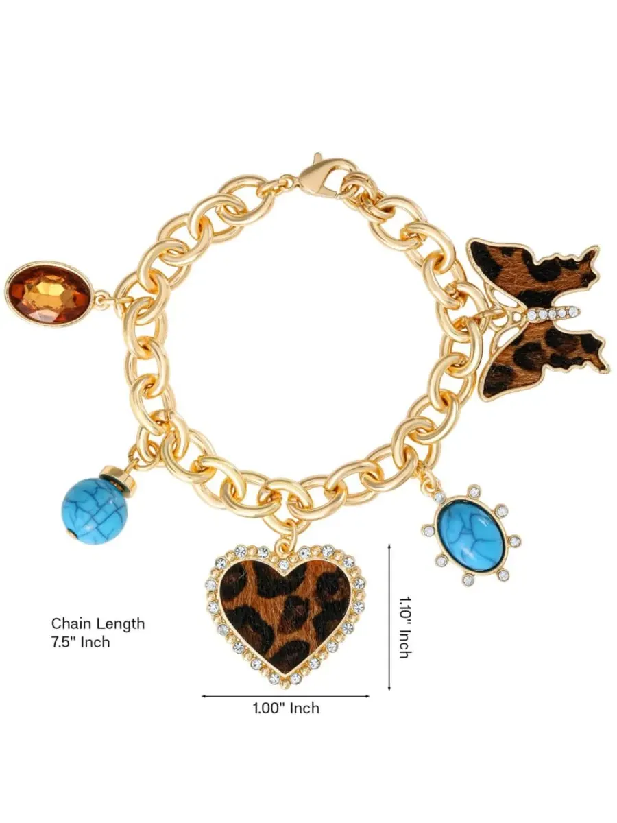 Браслет-шарм с кристаллами и принтом гепарда, 19 см, 5 подвесок, Crystal and Cheetah-Print — изображение 5 из 6