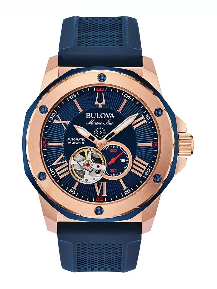 Мужские автоматические часы Marine Star с синим силиконовым ремешком, 45 мм Bulova — изображение 1 из 7, оттенок синий/синий