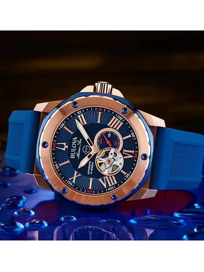 Мужские автоматические часы Marine Star с синим силиконовым ремешком, 45 мм Bulova — изображение 5 из 7, оттенок синий/синий