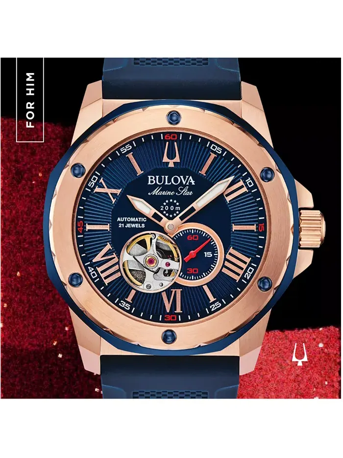 Мужские автоматические часы Marine Star с синим силиконовым ремешком, 45 мм Bulova — изображение 6 из 7, оттенок синий/синий