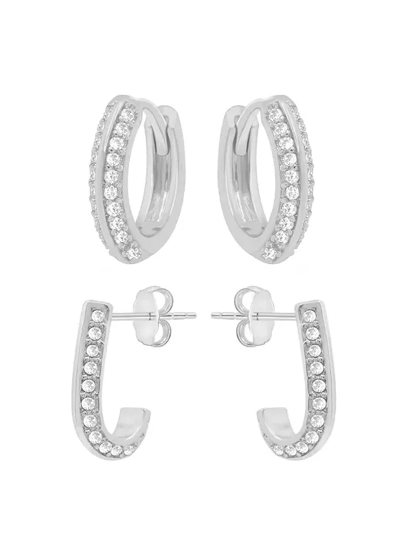Комплект из двух серег-обручей Huggie Hoop и J Hoop с кубическим цирконием, позолоченная и
