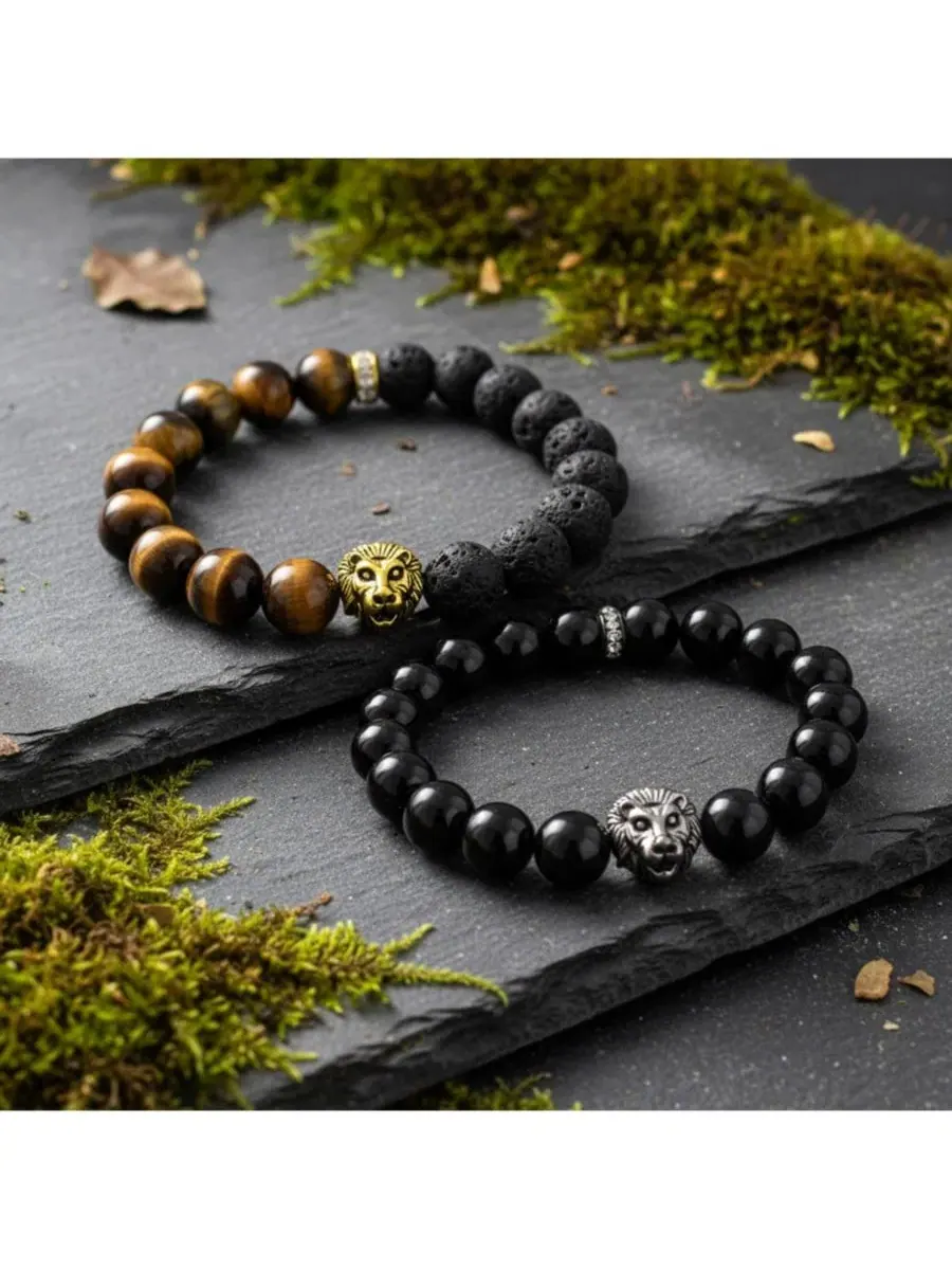 Браслет-жгут из бусин с львиным мотивом, 2 шт Bling Jewelry — изображение 2 из 3, оттенок черный