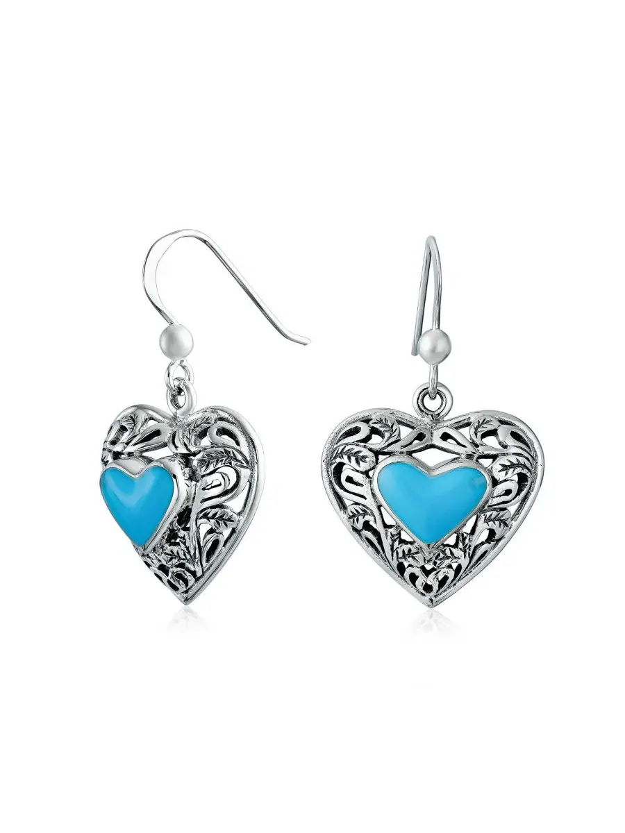 Серьги-подвески с сердцем из бирюзы, филигрань, .925 стерлинговое серебро Bling Jewelry — изображение 1 из 4, оттенок синий