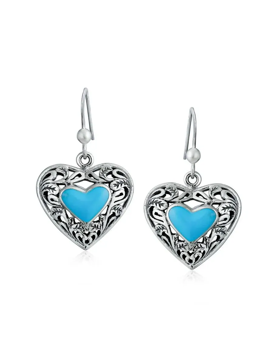 Серьги-подвески с сердцем из бирюзы, филигрань, .925 стерлинговое серебро Bling Jewelry — изображение 2 из 4, оттенок синий
