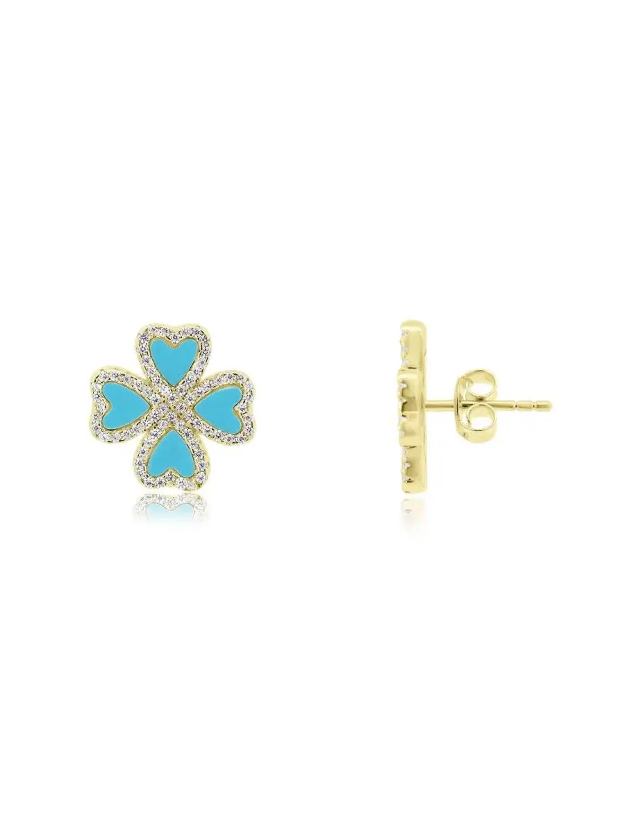 Серьги-гвоздики с принтом трилистника Turquoise CZ Lucky Clover The Lovery — изображение 1 из 5, оттенок бирюзовый