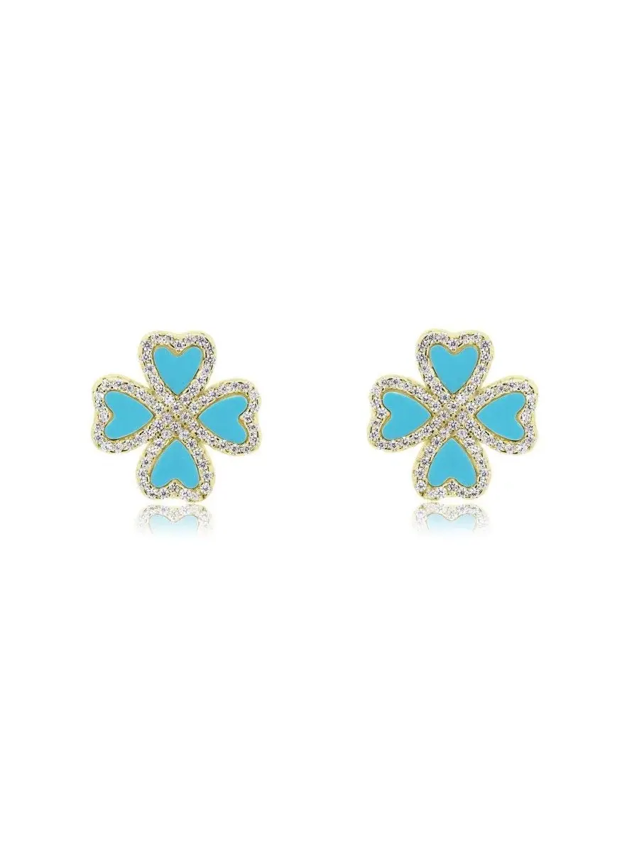Серьги-гвоздики с принтом трилистника Turquoise CZ Lucky Clover The Lovery — изображение 3 из 5, оттенок бирюзовый