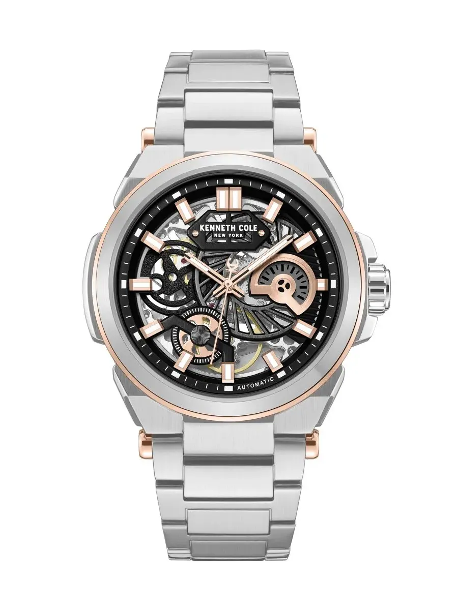 Мужские автоматические часы с асимметричным окном Kenneth Cole New York — изображение 1 из 3, оттенок серебряный