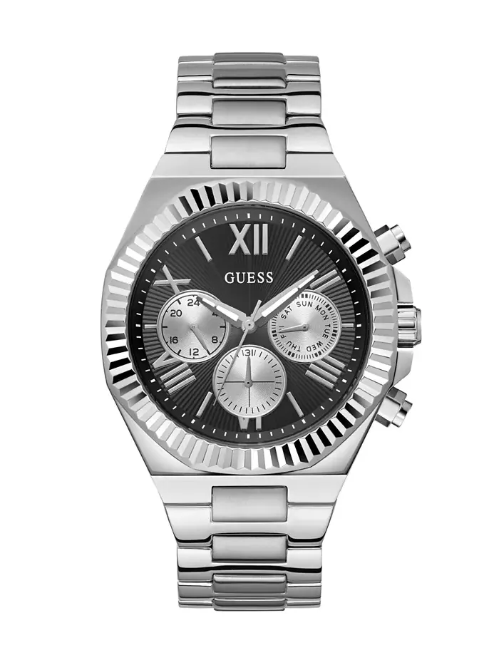 Мужские аналоговые часы в серебристом стальном корпусе 44mm Guess