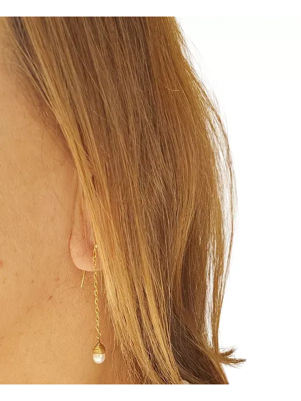 Серьги-Капли с цепочкой и пресноводным жемчугом Minu Jewels — изображение 2 из 2, оттенок белый