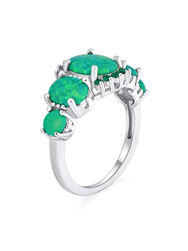 Кольцо с 5 камнями овальной формы из синтетического зеленого опала, тонкое кольцо из серебра 925 — изображение 2 из 3