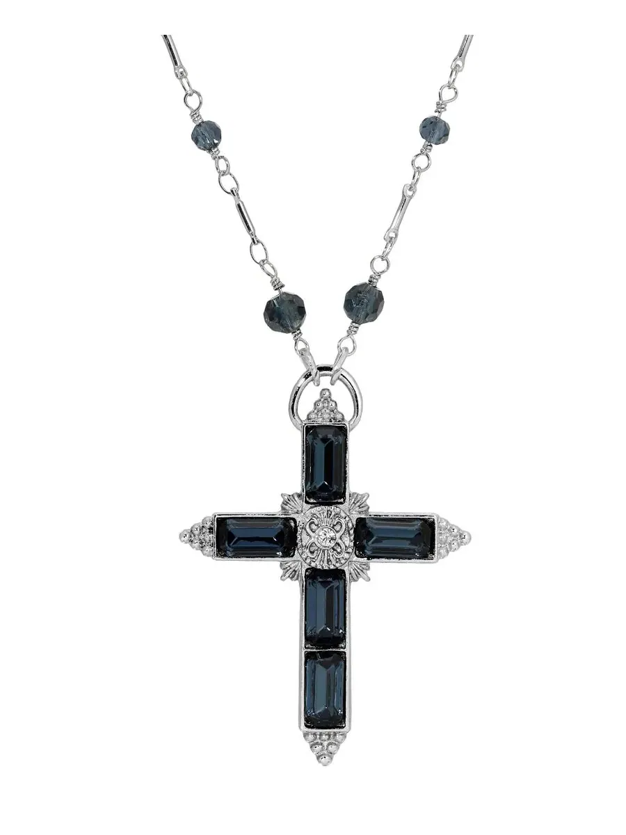 Серебристый крест «Монтана» из бусин, длина 76 см Symbols Of Faith — изображение 2 из 3, оттенок синий