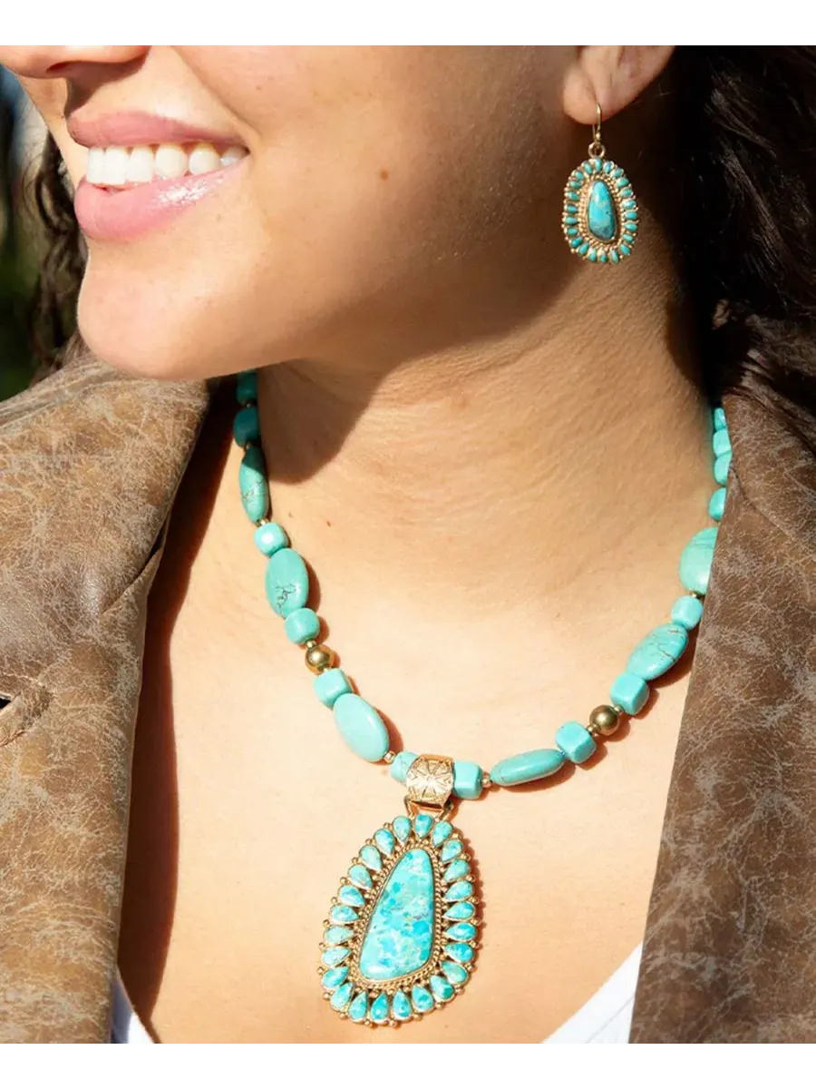 Колье с подвеской Sedona Blue Turquoise Golden Pendant Barse — изображение 3 из 4, оттенок бирюзовый