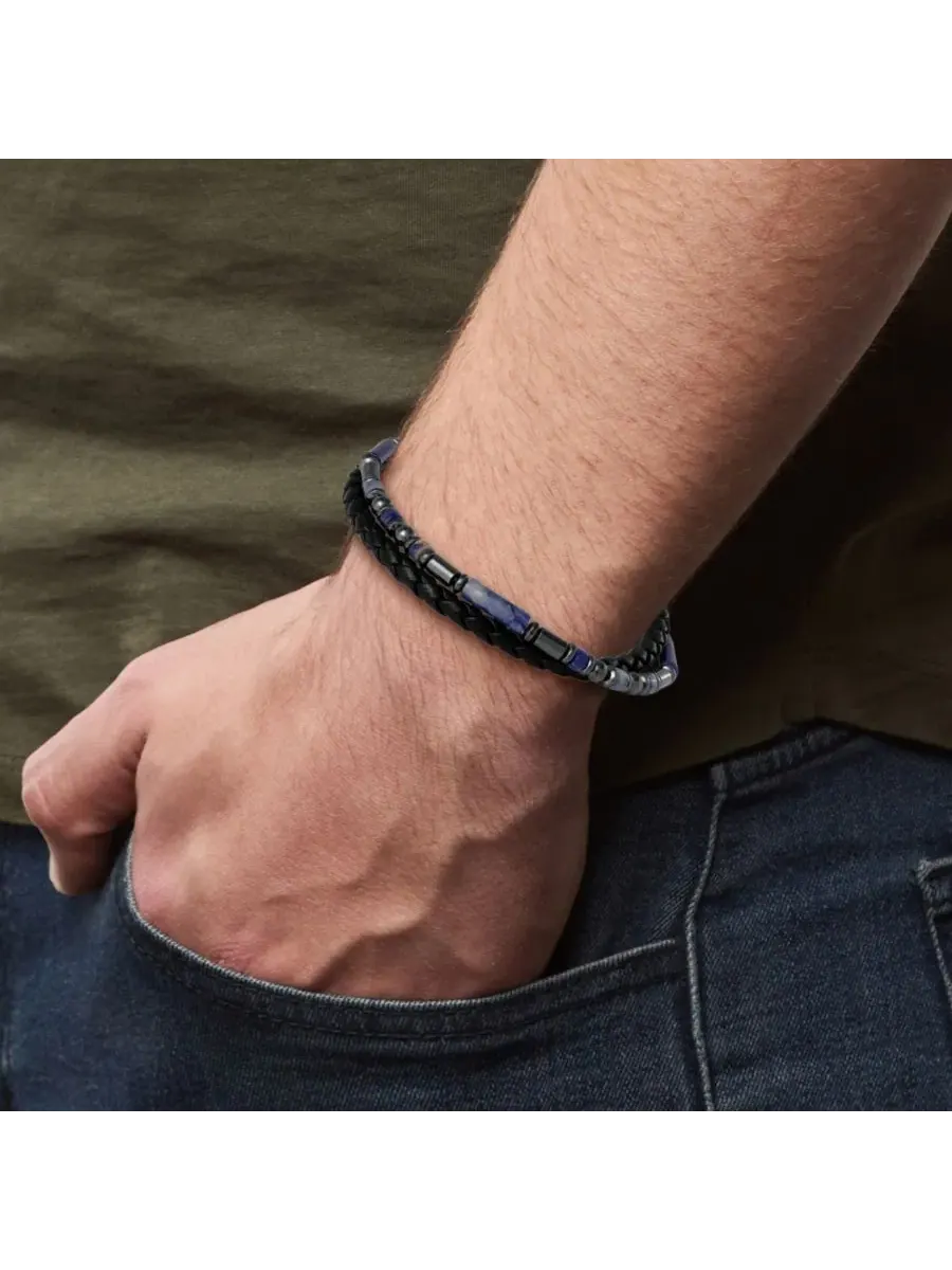 Браслет с плетеным и бусинами содалита, 8.5 дюймов Lucky Brand — изображение 2 из 5, оттенок черный/синий/серебристый