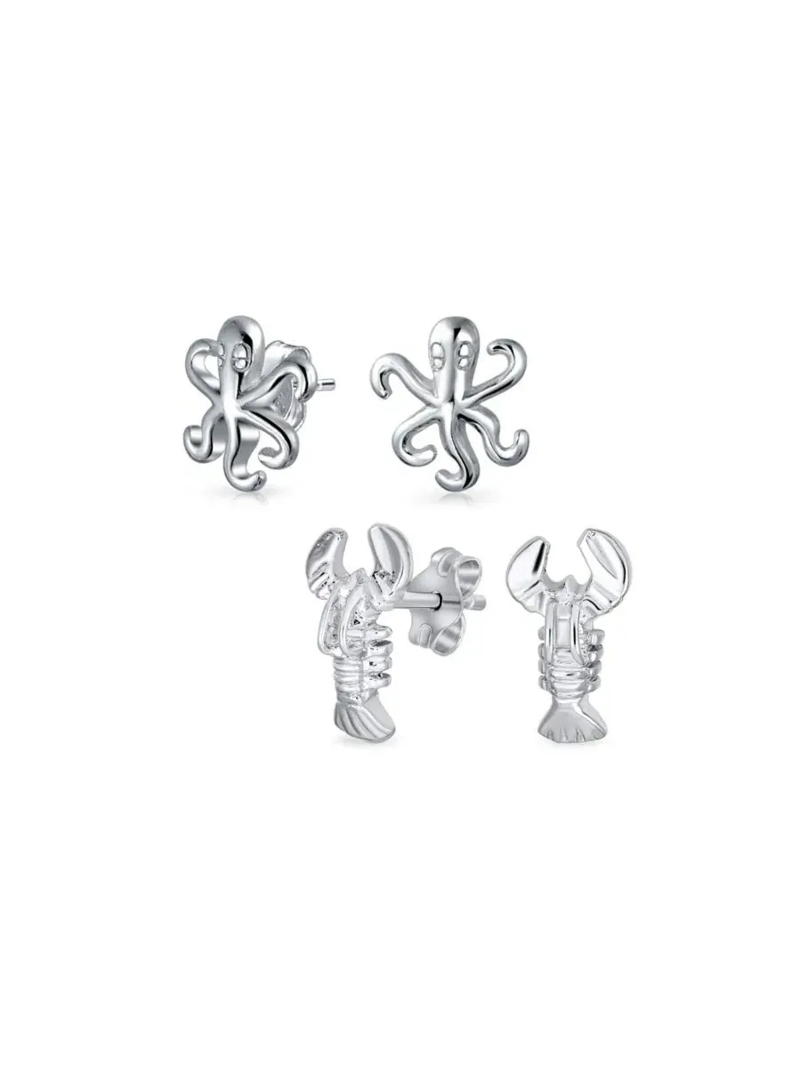 Серьги-гвоздики с морскими обитателями, 2 пары Bling Jewelry — изображение 1 из 5, оттенок серебристый