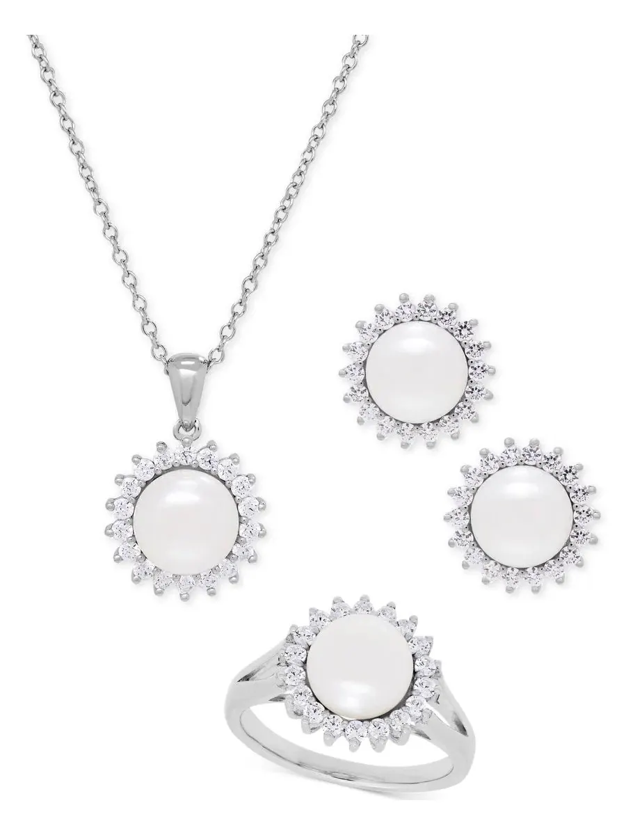 Комплект украшений из жемчуга и фианитов, модель Cultured Freshwater Pearl (8mm) and Cubic Zirconia