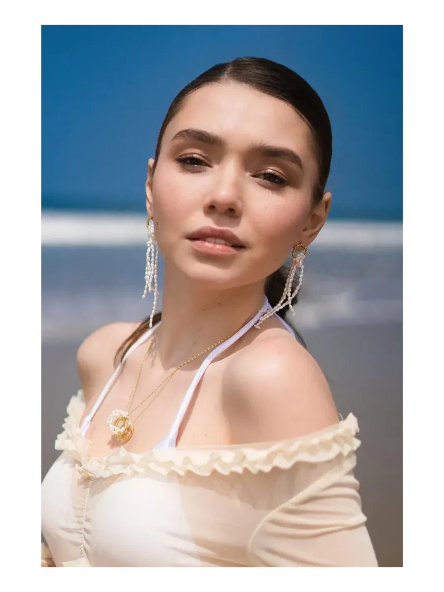 Серьги-кисти с жемчугом Nina Gold Hoop Bead Pearl Tassel Earrings Classicharms — изображение 2 из 8, оттенок золото