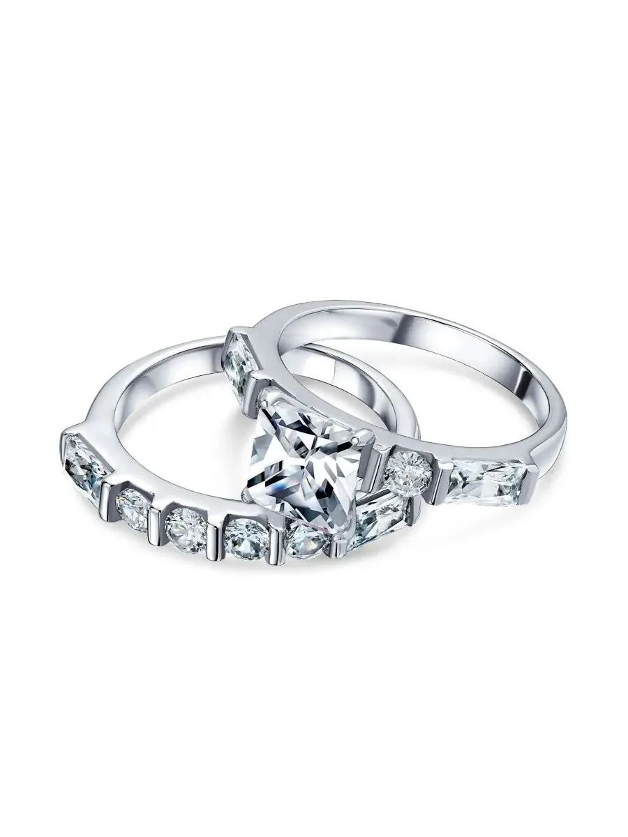 Кольцо с фианитом 2CT, с багетными вставками, модель Baguette Accents Bling Jewelry — изображение 4 из 4, оттенок прозрачный