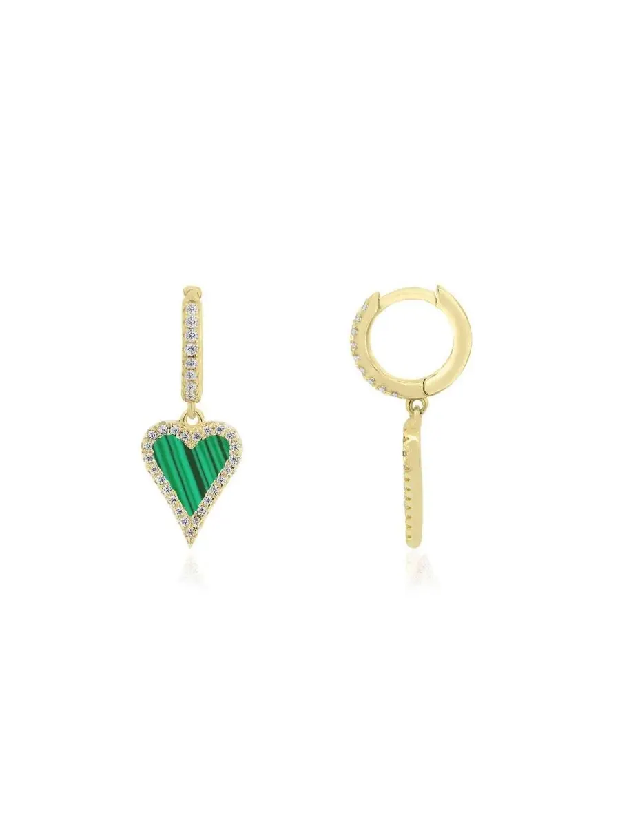 Серьги-подвески с сердоликом и цирконием Mini Malachite CZ Halo Heart Dangle Earrings The Lovery — изображение 1 из 3