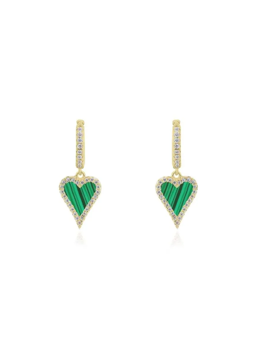 Серьги-подвески с сердоликом и цирконием Mini Malachite CZ Halo Heart Dangle Earrings The Lovery — изображение 2 из 3
