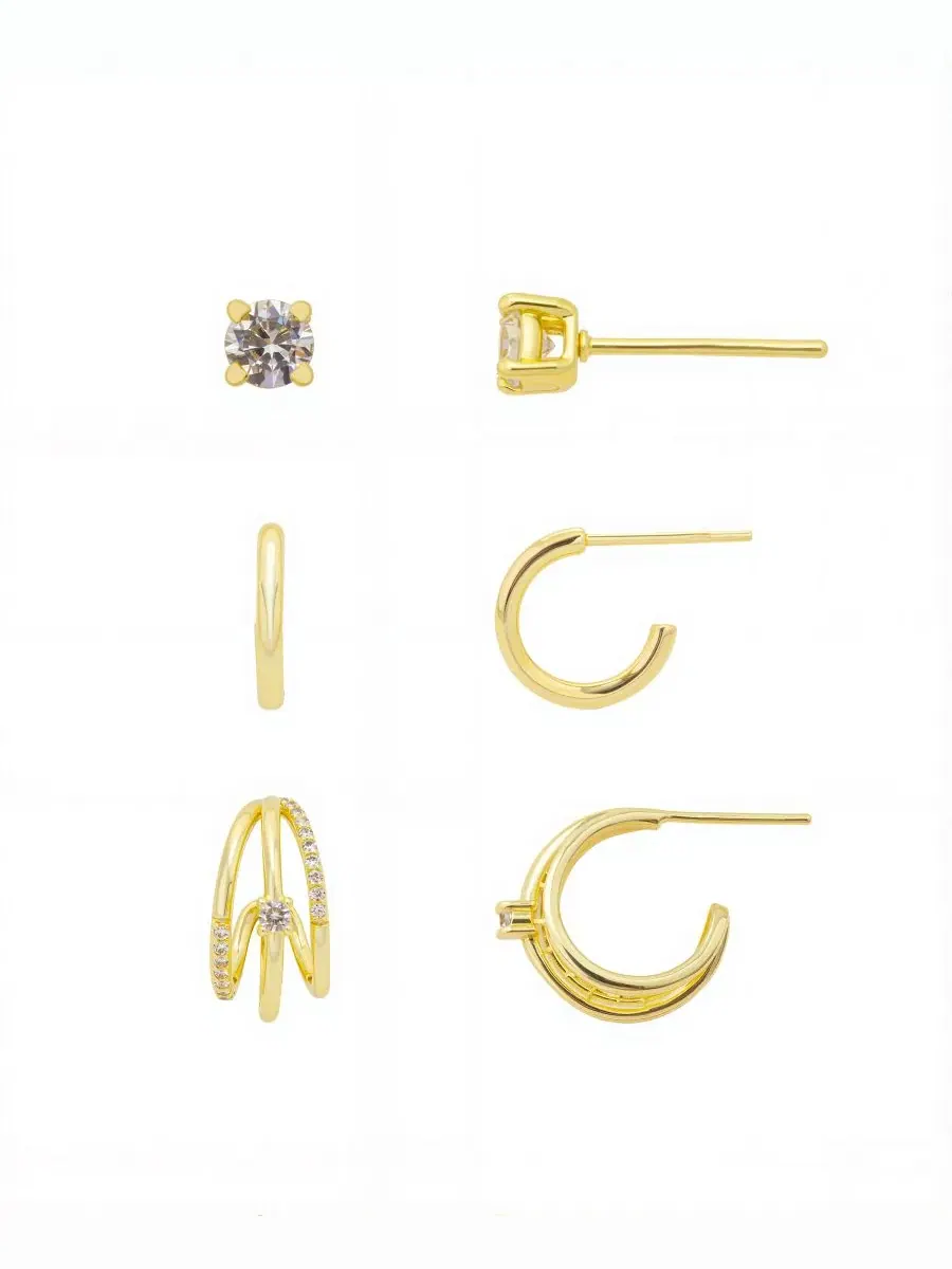 Набор сережек-пусетов из 3 пар с кубическим цирконием Gold Plated Cubic Zirconia Trio Hoop Earring — изображение 1 из 5