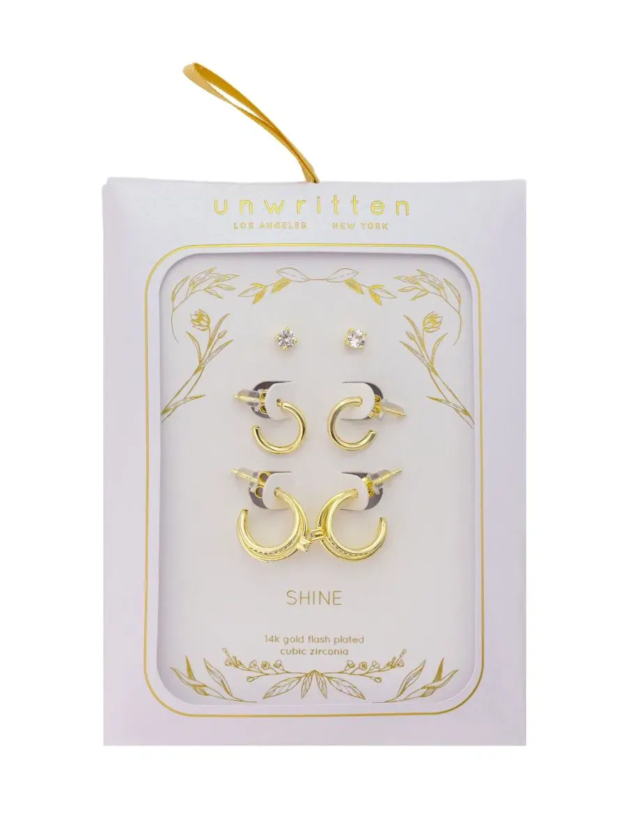 Набор сережек-пусетов из 3 пар с кубическим цирконием Gold Plated Cubic Zirconia Trio Hoop Earring — изображение 2 из 5