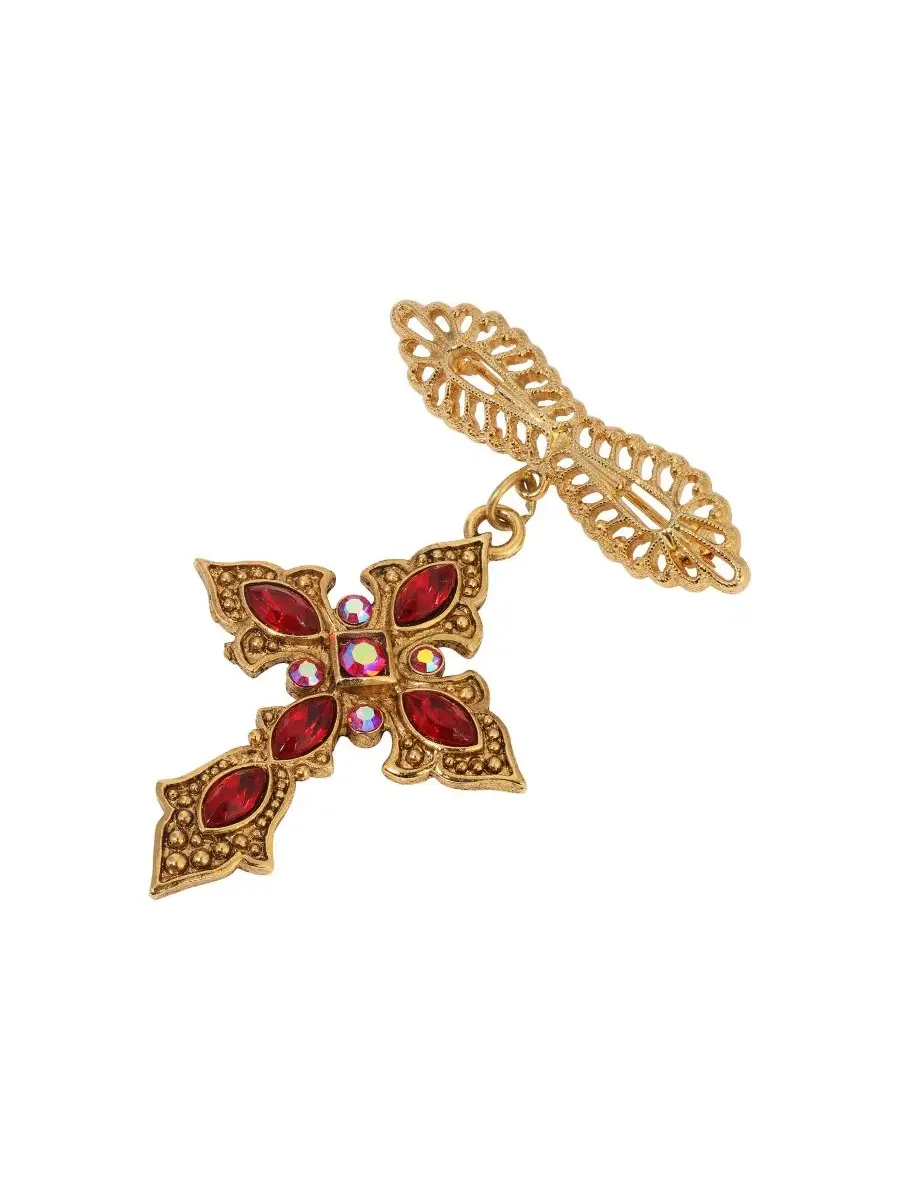 Золотистая брошь в виде креста с сиамскими кристаллами Symbols Of Faith