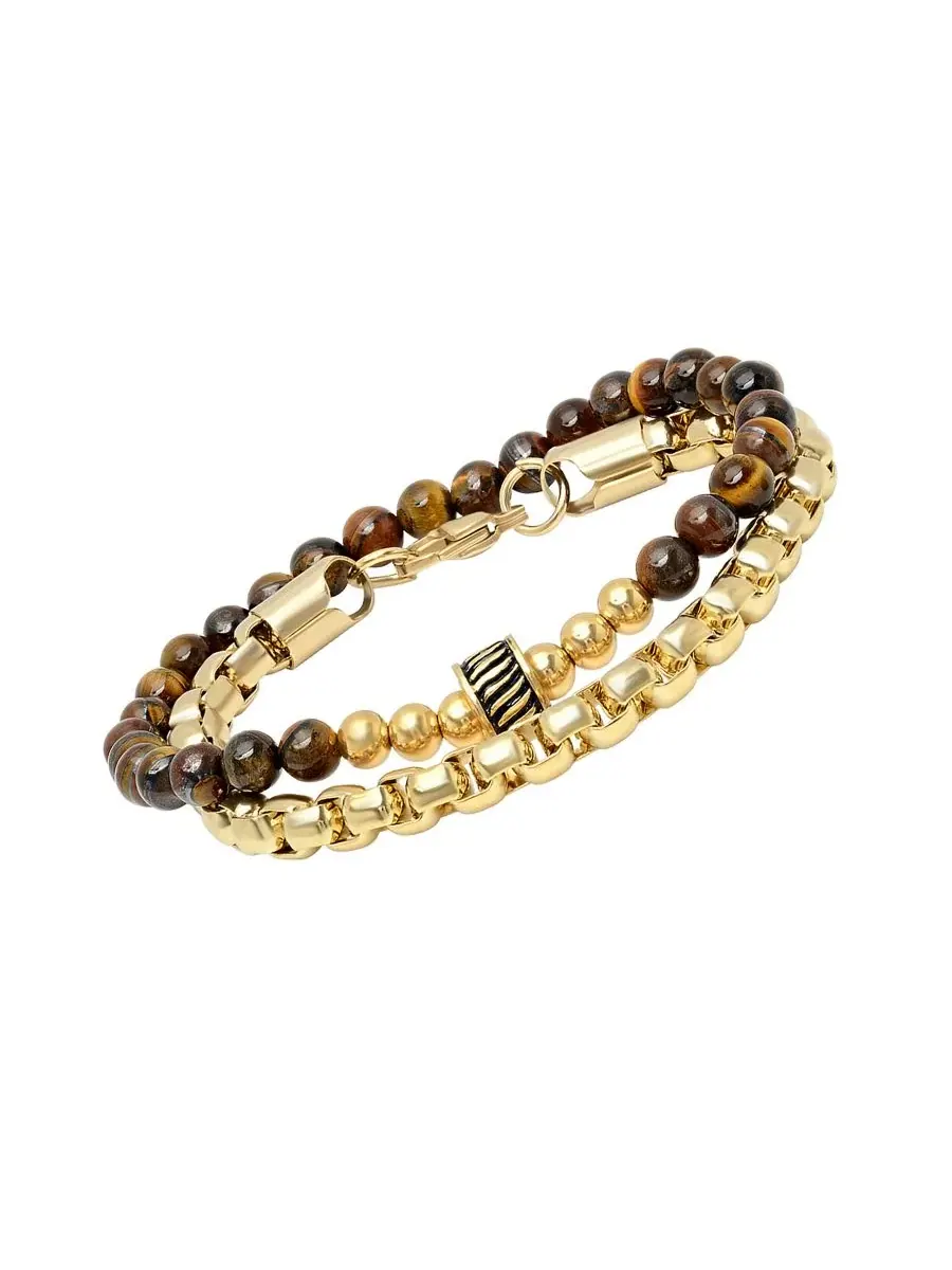 Комплект из 2 браслетов из стали с покрытием 18k золотом, с тигровым глазом STEELTIME — изображение 2 из 3