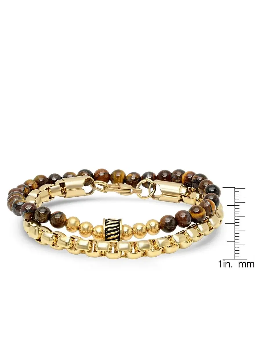 Комплект из 2 браслетов из стали с покрытием 18k золотом, с тигровым глазом STEELTIME — изображение 3 из 3