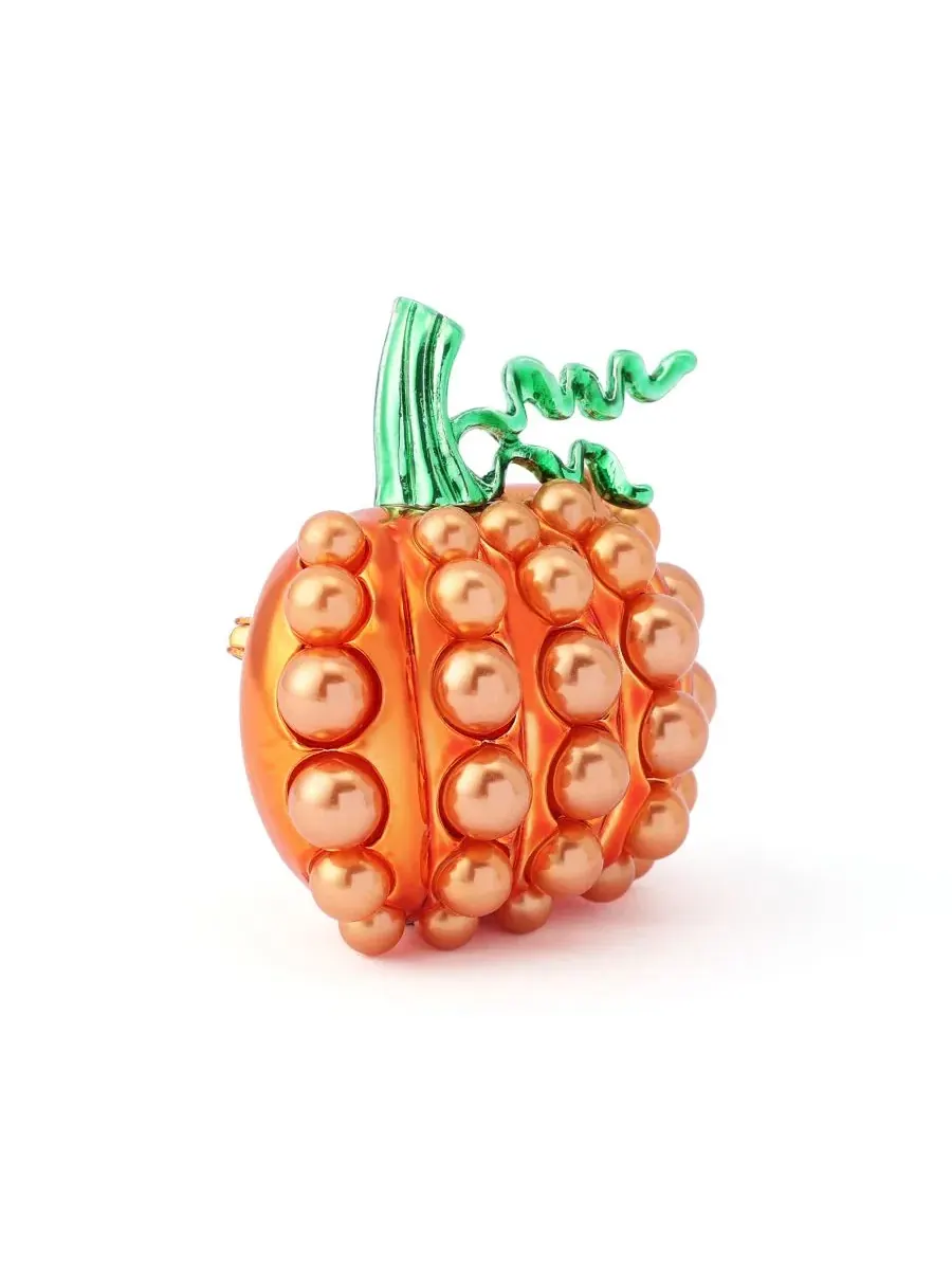 Брошь с тыквой и жемчугом, Halloween Cultured Pearl Pumpkin Betsey Johnson — изображение 2 из 4, оттенок оранжевый