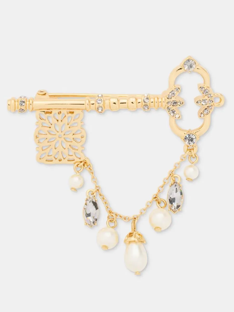 Брошь-булавка с кристаллами и жемчугом Crystal & Imitation Pearl Key Marchesa — изображение 1 из 4, оттенок серебряный