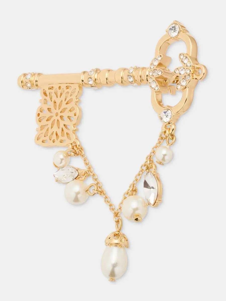 Брошь-булавка с кристаллами и жемчугом Crystal & Imitation Pearl Key Marchesa — изображение 2 из 4, оттенок серебряный