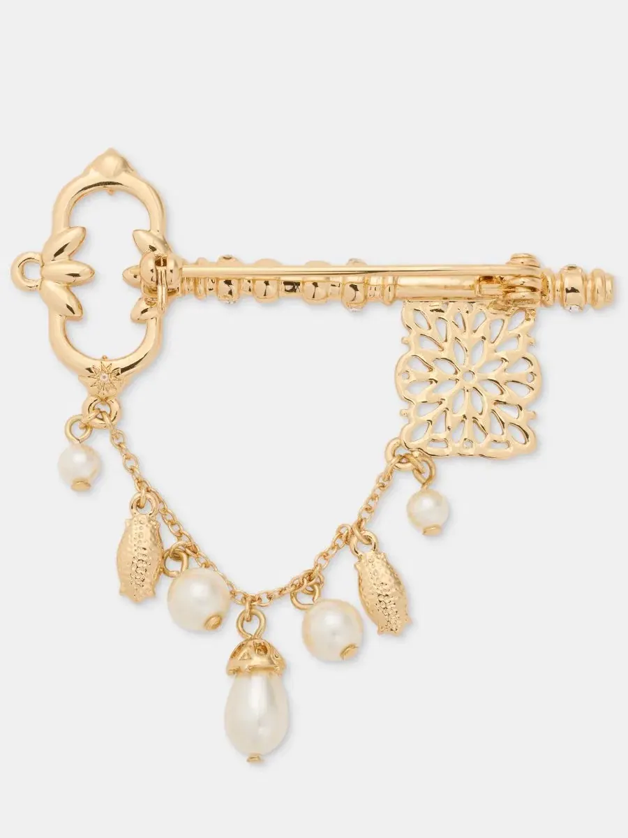 Брошь-булавка с кристаллами и жемчугом Crystal & Imitation Pearl Key Marchesa — изображение 4 из 4, оттенок серебряный