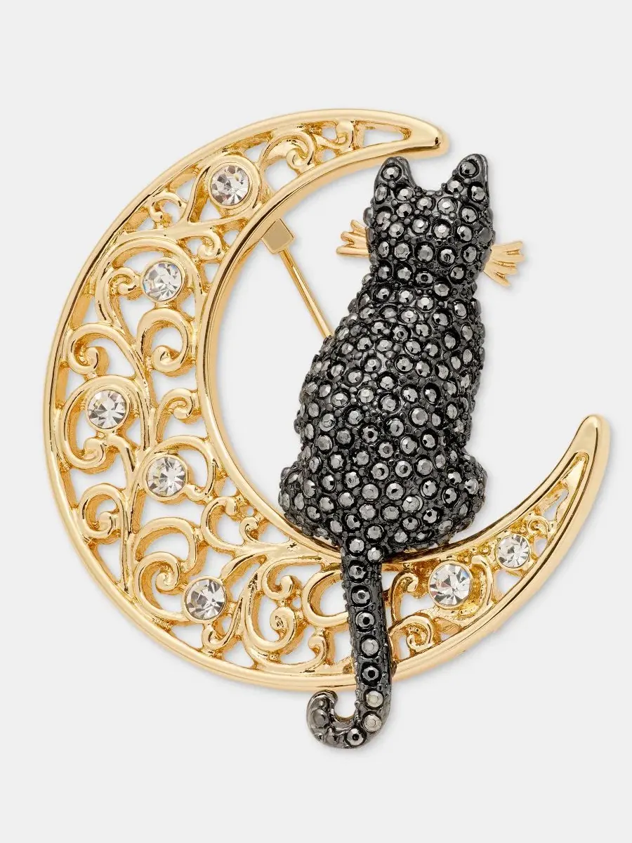 Брошь-булавка с кошкой и луной, модель Pavé Cat Filigree Moon Anne Klein — изображение 1 из 4, оттенок черный