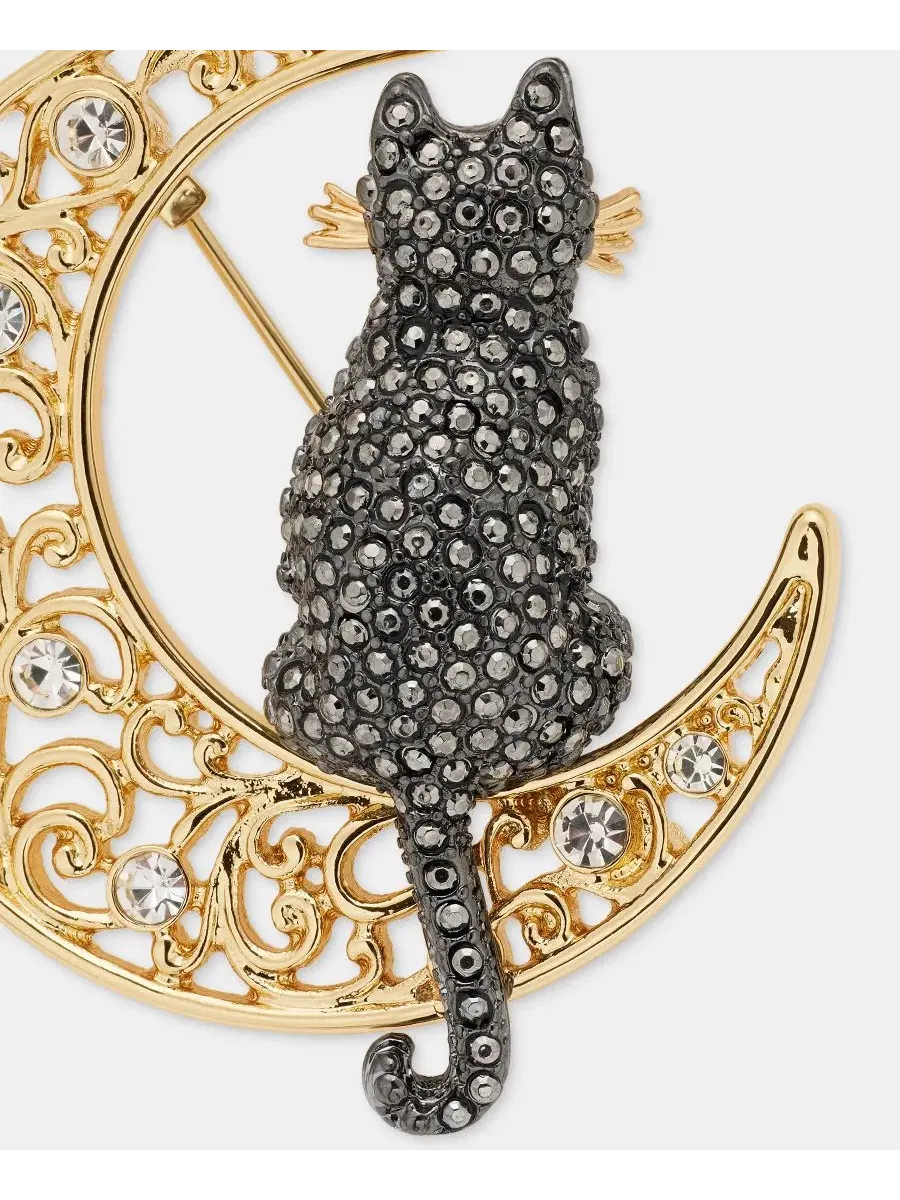 Брошь-булавка с кошкой и луной, модель Pavé Cat Filigree Moon Anne Klein — изображение 2 из 4, оттенок черный
