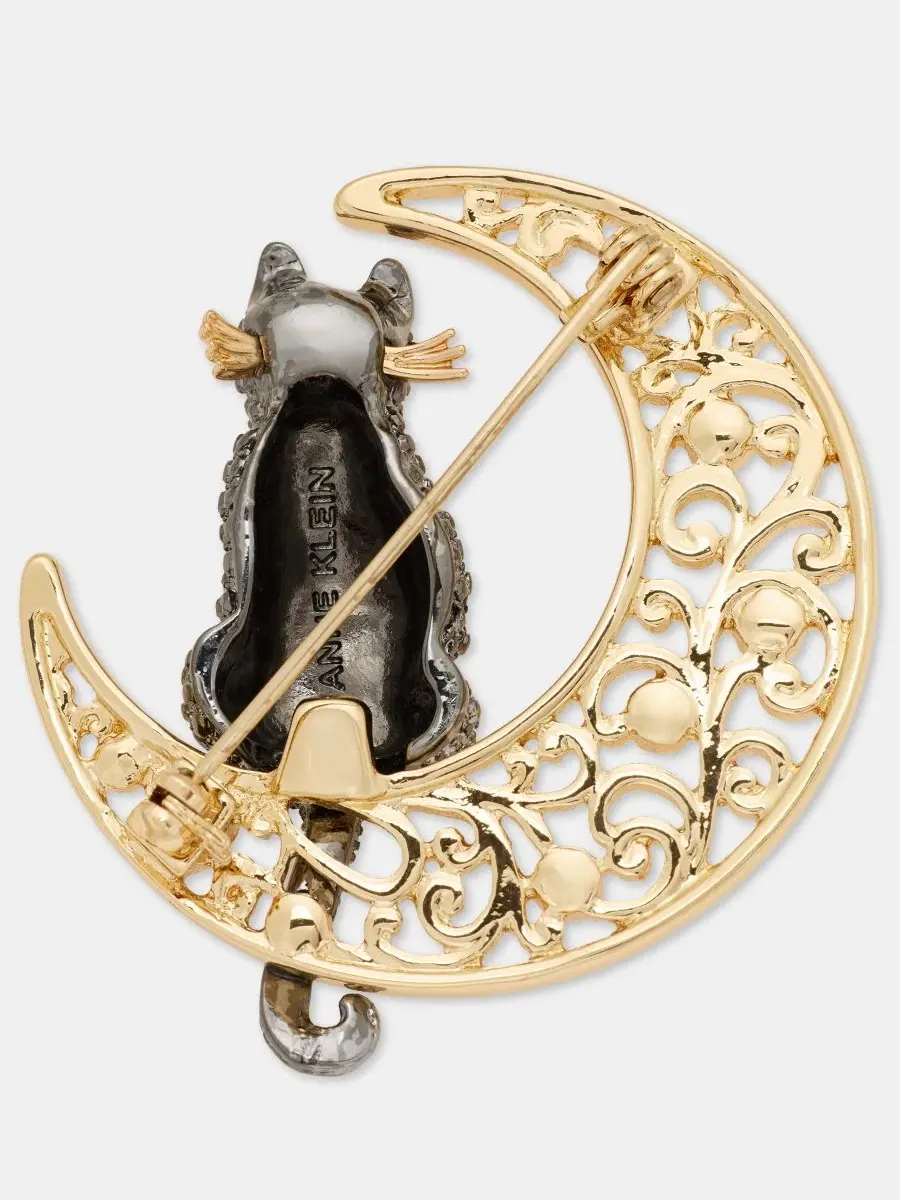 Брошь-булавка с кошкой и луной, модель Pavé Cat Filigree Moon Anne Klein — изображение 4 из 4, оттенок черный