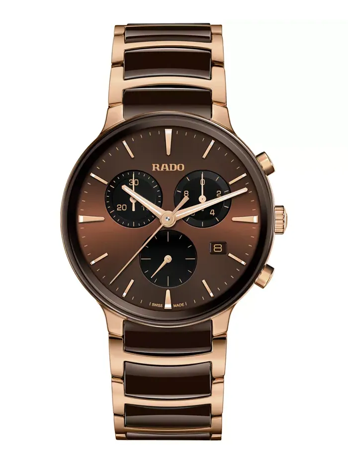 Унисекс-часы Swiss Chronograph Centrix с коричневой керамикой и розовым золотом PVD на стальном — изображение 1 из 4