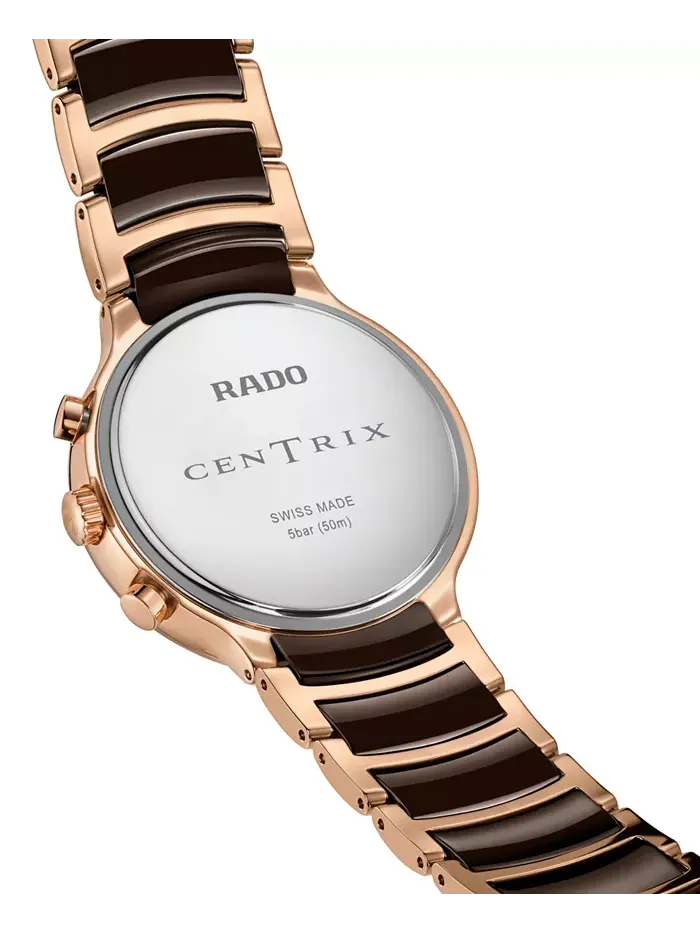 Унисекс-часы Swiss Chronograph Centrix с коричневой керамикой и розовым золотом PVD на стальном — изображение 3 из 4